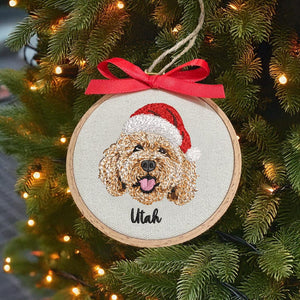 Embroidered Pet Portrait Ornament with Santa Hat, Custom Dog Christmas Gift, Pet Portrait Gift for Pet Lovers, Custom Pet Christmas