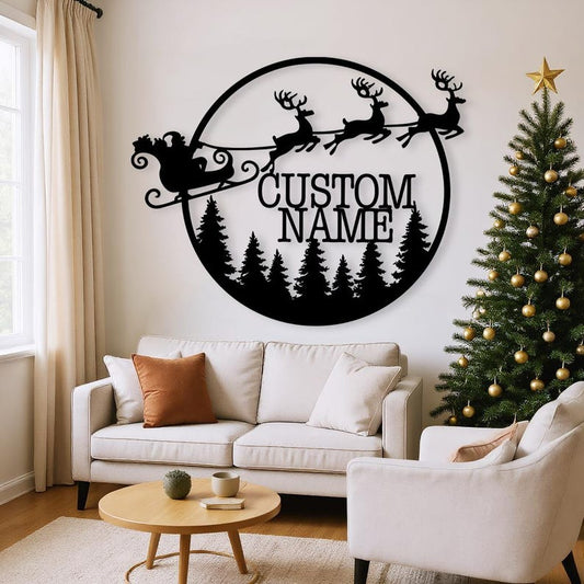 Santa Metal Christmas Wall Art, Merry Christmas Wall Decor, Deer Sign, Santa's Sleigh Wall Sign, Christmas Gift, Reign Deer, Front Door Sign