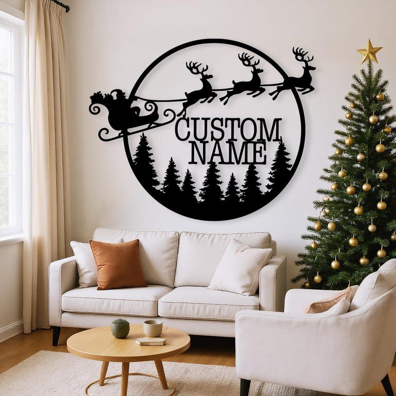 Santa Metal Christmas Wall Art, Merry Christmas Wall Decor, Deer Sign, Santa's Sleigh Wall Sign, Christmas Gift, Reign Deer, Front Door Sign