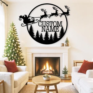 Santa Metal Christmas Wall Art, Merry Christmas Wall Decor, Deer Sign, Santa's Sleigh Wall Sign, Christmas Gift, Reign Deer, Front Door Sign
