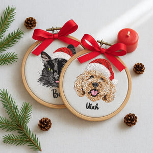 Embroidered Pet Portrait Ornament with Santa Hat, Custom Dog Christmas Gift, Pet Portrait Gift for Pet Lovers, Custom Pet Christmas