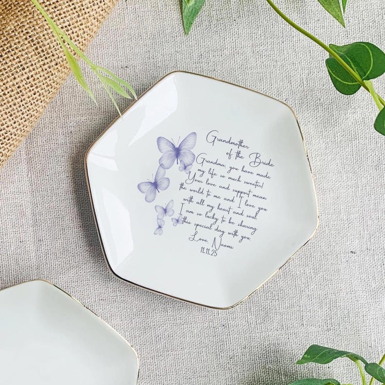 Grandmother of the Bride Gift Personalized Jewelry Dish with Butterflies Wedding Keepsake from Bride to Grandma Custom Wedding Tray