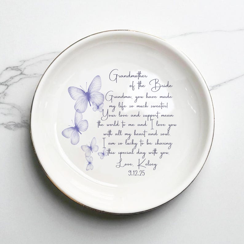 Grandmother of the Bride Gift Personalized Jewelry Dish with Butterflies Wedding Keepsake from Bride to Grandma Custom Wedding Tray