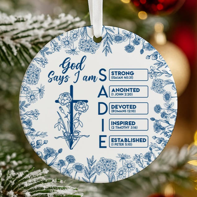 Personalized Christian Name Ornament with Bible Verse, God Says I Am Toile De Jouy Ornament, Christian Christmas Ornament, Religious Gift