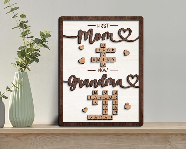 Gift For Mom, Grandma Gift, Mothers Day Gift, Personalized First Mom Now Grandma Wooden Sign, Crossword Puzzle Art Frame, Family Keepsake