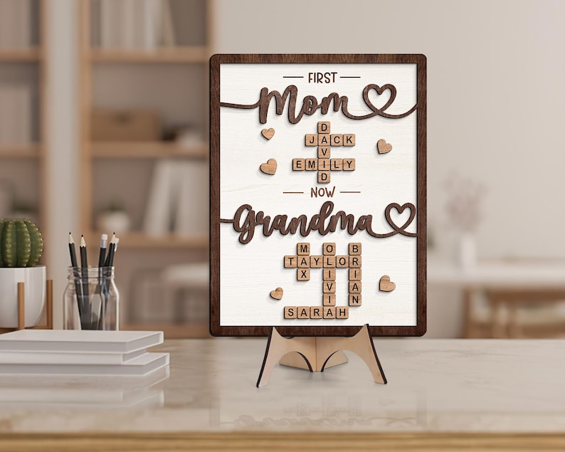 Gift For Mom, Grandma Gift, Mothers Day Gift, Personalized First Mom Now Grandma Wooden Sign, Crossword Puzzle Art Frame, Family Keepsake
