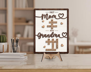 Gift For Mom, Grandma Gift, Mothers Day Gift, Personalized First Mom Now Grandma Wooden Sign, Crossword Puzzle Art Frame, Family Keepsake
