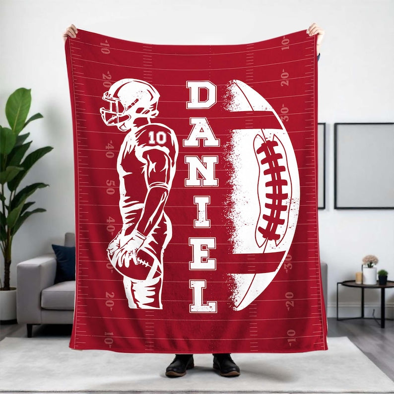 Custom Football Blanket with Name and Number, Custom Name Blanket, Football Blanket, Sports Blanket, Team Gift, Gift for him, Football Gift