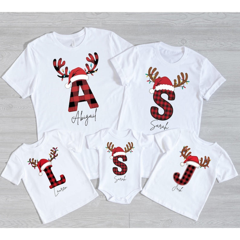 Santa Hat Reindeer Alphabet Family, Custom Matching Shirt, Christmas Family Shirt, Letter Christmas Name Shirt, Christmas Gift, Xmas Party