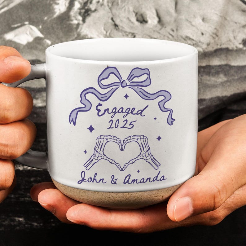 Personalised Engraved Engagement Pottery Mug, Custom Wedding Mugs, Engagement Gift For Her, Wedding Gift for Couple, Bridal Shower Gift