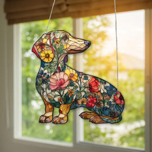 Floral Dachshund ACRYLIC Suncatcher: Personalized Doxie Pet Memorial Ornament