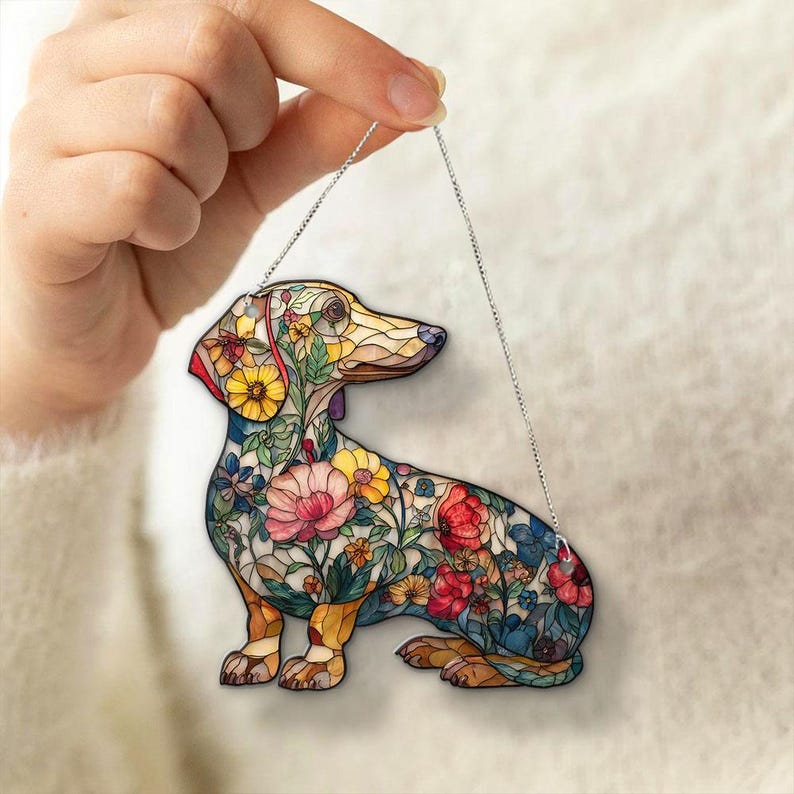 Floral Dachshund ACRYLIC Suncatcher: Personalized Doxie Pet Memorial Ornament