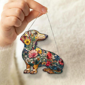 Floral Dachshund ACRYLIC Suncatcher: Personalized Doxie Pet Memorial Ornament