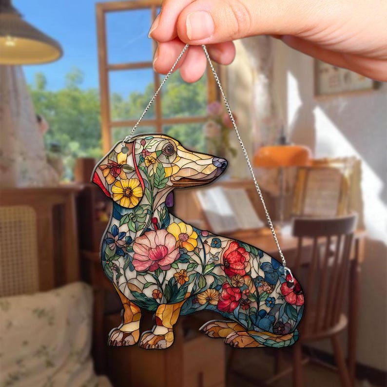 Floral Dachshund ACRYLIC Suncatcher: Personalized Doxie Pet Memorial Ornament