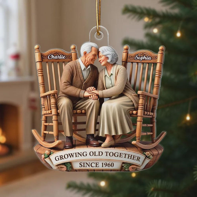 Going Old Together Couple Ornament, 2D Flat Rocking Chairs Acrylic Keepsake, Sitting Together Vintage Christmas Gift