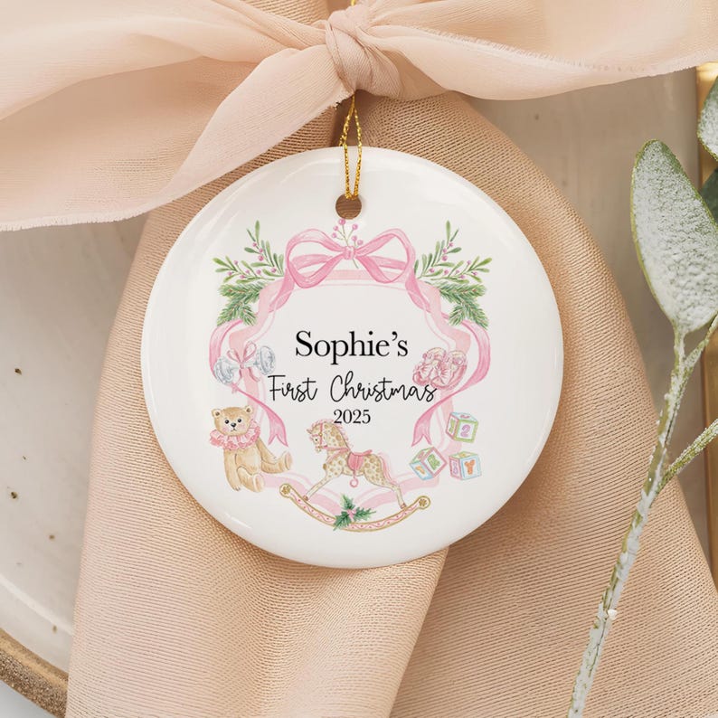 Personalized Baby Ornament First Christmas Ceramic Keepsake Custom Name Girl Pink Bow Teddy Bear Holiday Decoration Newborn Gift Porcelain