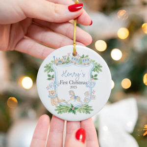 Personalized Baby Ornament First Christmas Ceramic Keepsake Custom Name Girl Pink Bow Teddy Bear Holiday Decoration Newborn Gift Porcelain