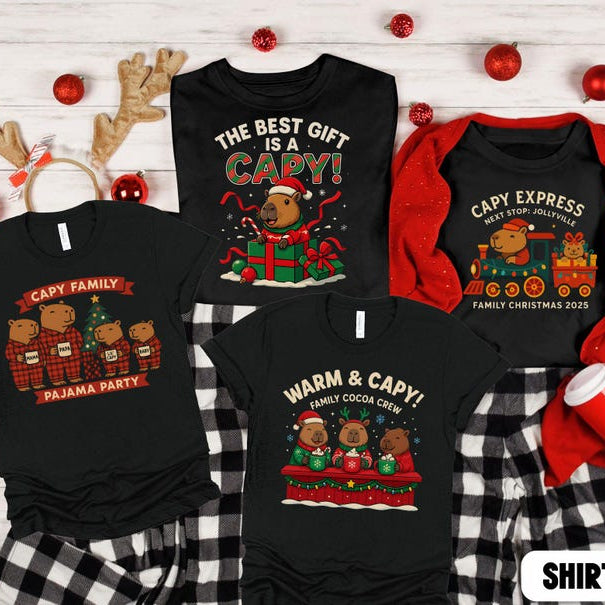 Capybara Matching Family Christmas Pajama Shirts, Rodent Shirts, Capybara Family Christmas Pajama Tshirt, Cappy Holidays Tee, Christmas Pjs