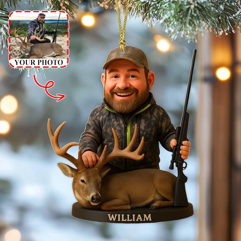 Personalized Photo Hunting Ornament, 2D Flat Hunting Ornament, Gift for Deer Hunter, Hunter Christmas Ornament, Custom Hunter Gift For Dad/ Grandpa