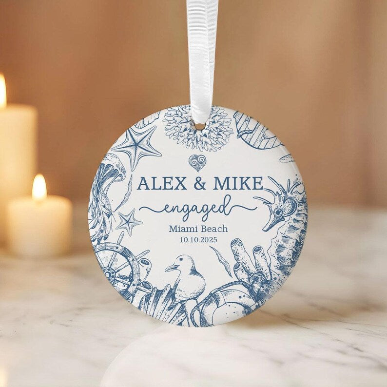 Beach Engaged Ornament, Engagement Christmas Ornament Gift, Engagement Party Gift, Personalized Engagement Gift, Gift For Newly Engaged