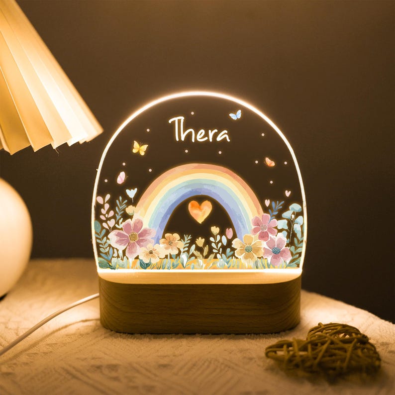 Personalized Rainbow with Floral Night Light, Custom Night Light for Baby Girl, Toddler Bedside Night Light, Flower Lamp for Nursery Decor