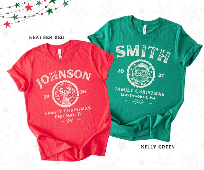 Custom Family Christmas Shirts, Bella Canvas Matching Xmas Tees, Personalized Name Shirt, Vintage Santa Varsity Christmas Family Outfits Pjs