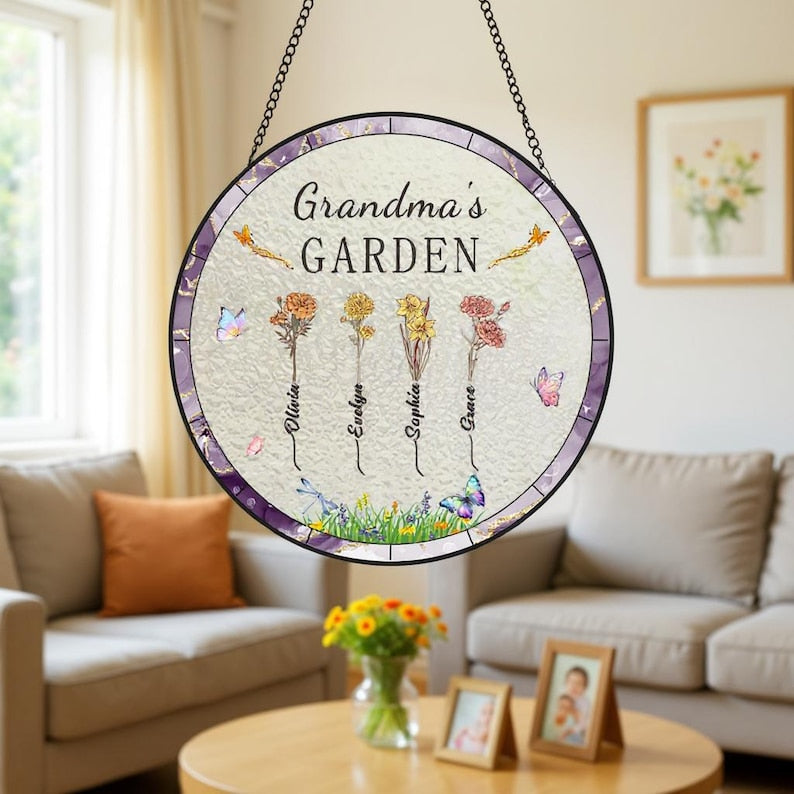 Custom Grandma's Gift, Month Flower Stain Acrylic Suncatcher, Mother's Day Gift , Grandma Gift From Grandson, Granddaughter, Nana's Garden