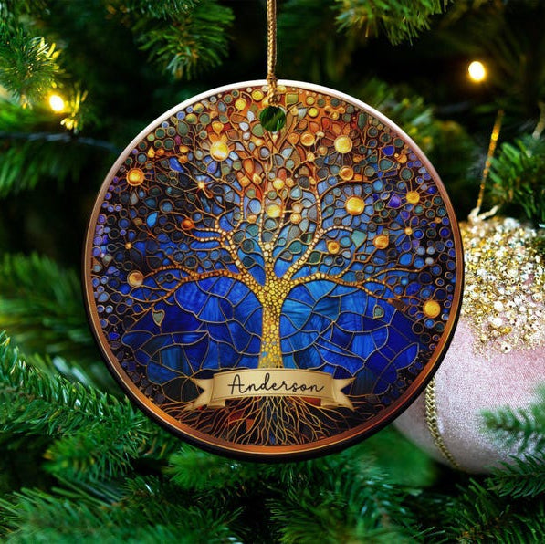 2025 Tree of Life Christmas Ornament Custom Faux Stained Glass Ornament Vibrant Sun Catcher Decor Personalized Ceramic Home Ornament