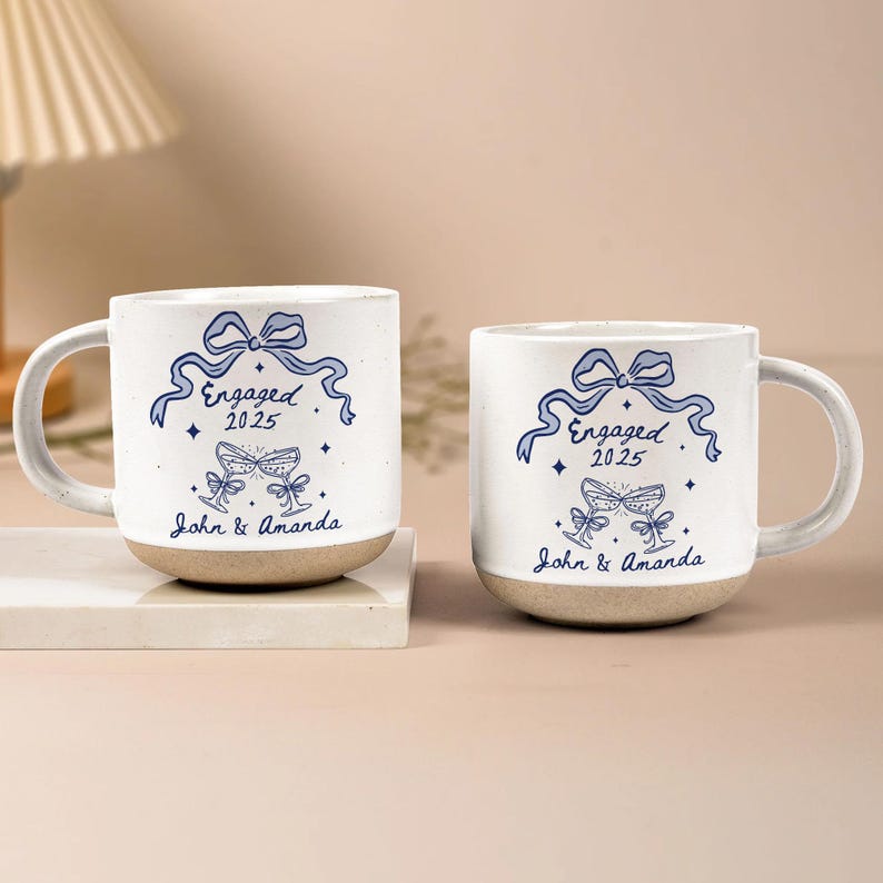 Personalised Engraved Engagement Pottery Mug, Custom Wedding Mugs, Engagement Gift For Her, Wedding Gift for Couple, Bridal Shower Gift