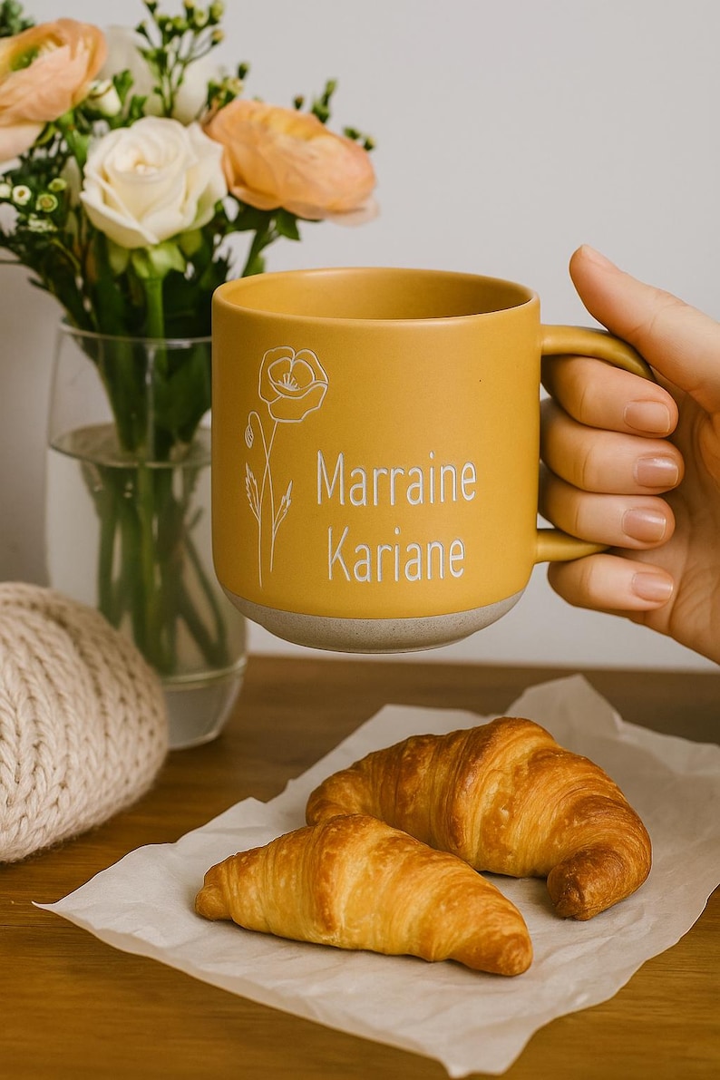 Engraved Birth Flower Coffee Mug: Personalized Pottery Gift