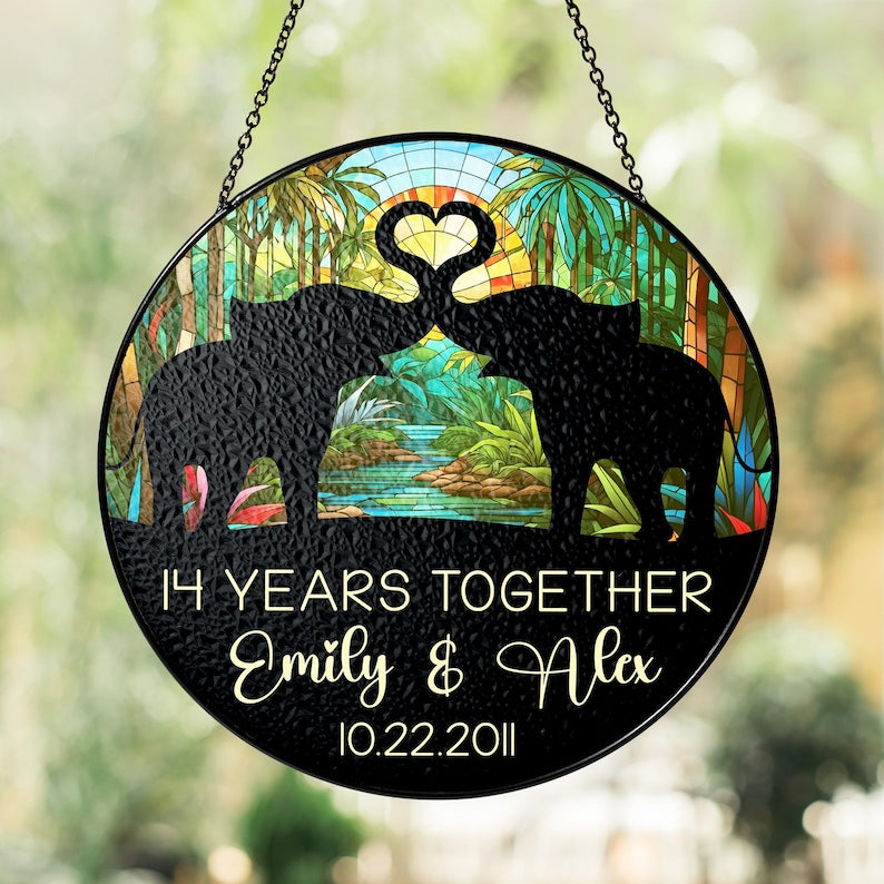 14th Ivory Wedding Anniversary Stained Glass Suncatcher, 14 Years Anniversary Gifts, Couples Gift, Elephants Couple, Gift for Wife