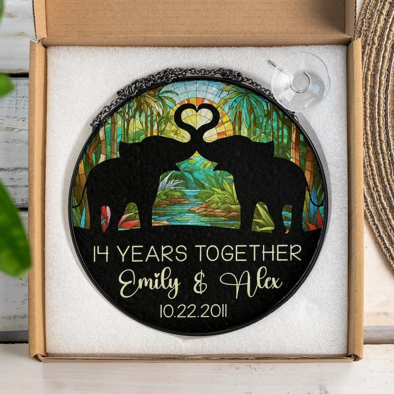 14th Ivory Wedding Anniversary Stained Glass Suncatcher, 14 Years Anniversary Gifts, Couples Gift, Elephants Couple, Gift for Wife