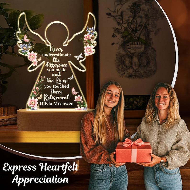 Personalized Retirement Gift: 3D Acrylic LED Lamp with Beech Wood Base