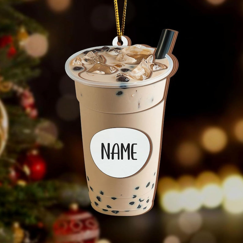 Personalized Christmas Boba Coffee Iced Tea, Custom Christmas Tree Decoration Milk Tea, Gift for Family, Friends, Coffee Tea Lovers 2D Flat Ornament