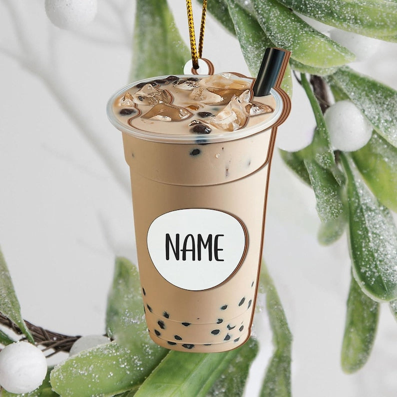 Personalized Christmas Boba Coffee Iced Tea, Custom Christmas Tree Decoration Milk Tea, Gift for Family, Friends, Coffee Tea Lovers 2D Flat Ornament