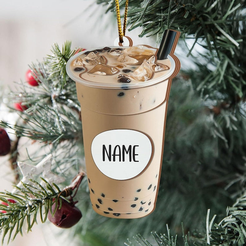 Personalized Christmas Boba Coffee Iced Tea, Custom Christmas Tree Decoration Milk Tea, Gift for Family, Friends, Coffee Tea Lovers 2D Flat Ornament