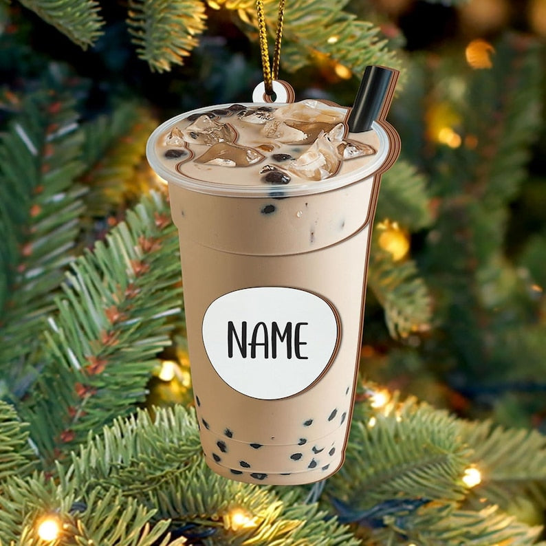 Personalized Christmas Boba Coffee Iced Tea, Custom Christmas Tree Decoration Milk Tea, Gift for Family, Friends, Coffee Tea Lovers 2D Flat Ornament