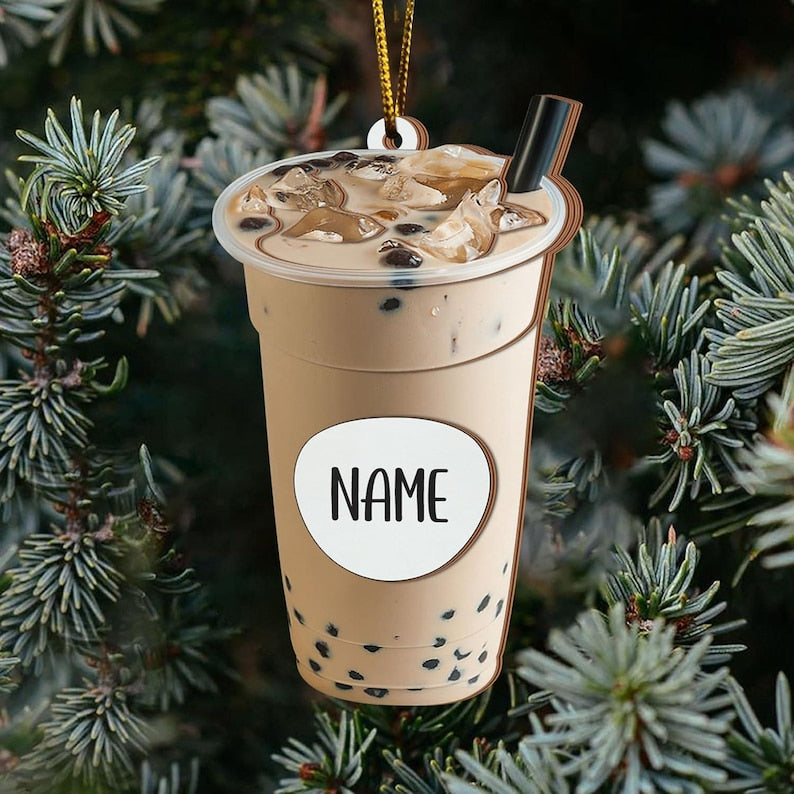 Personalized Christmas Boba Coffee Iced Tea, Custom Christmas Tree Decoration Milk Tea, Gift for Family, Friends, Coffee Tea Lovers 2D Flat Ornament