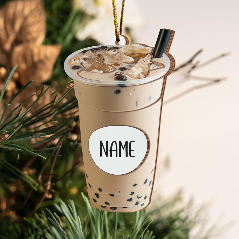 Personalized Christmas Boba Coffee Iced Tea, Custom Christmas Tree Decoration Milk Tea, Gift for Family, Friends, Coffee Tea Lovers 2D Flat Ornament