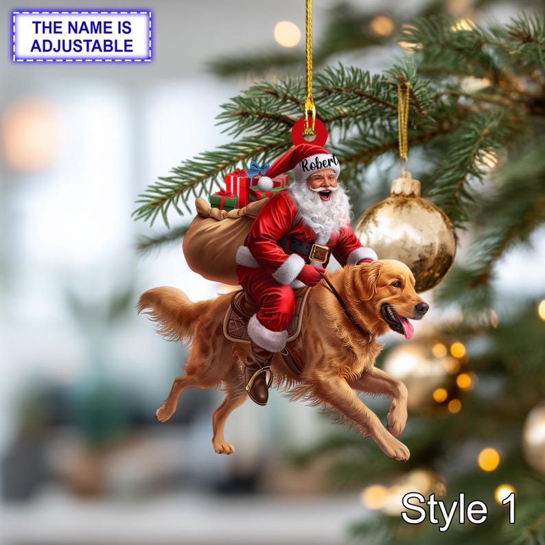 Santa Riding Golden Retriever Ornament Realistic Dog Christmas Tree Hanging Decoration, Funny Santa Claus Pet Lover Gift, Holiday Ornament