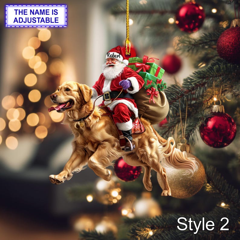 Santa Riding Golden Retriever Ornament Realistic Dog Christmas Tree Hanging Decoration, Funny Santa Claus Pet Lover Gift, Holiday Ornament