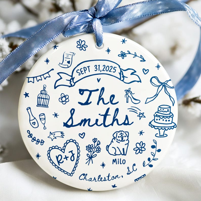 Custom Wedding Ornament, Personalized Wedding Gift with Names, Date & Location Ornament for Bride and Groom, Christmas Gift, Engagement Gift