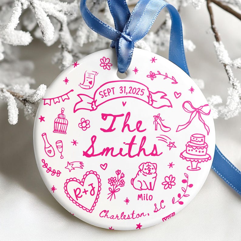 Custom Wedding Ornament, Personalized Wedding Gift with Names, Date & Location Ornament for Bride and Groom, Christmas Gift, Engagement Gift