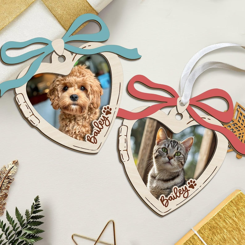 Personalized Pet Portrait Photo Ornament, First Christmas Ornament Gift for Pet Lover Gift, Custom Forever Loved Memorial Dog Cat Ornament