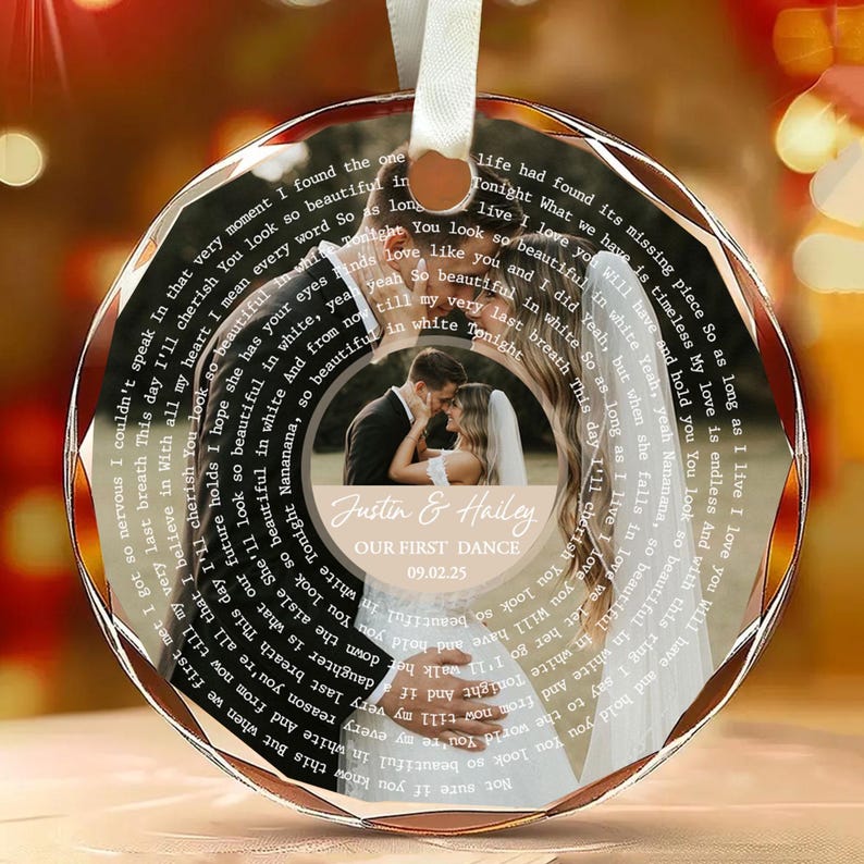 Personalized Song Lyrics Ornament, Custom Wedding Photo Glass Ornament, Couple First Christmas Married Ornament, Wedding Anniversary Gift