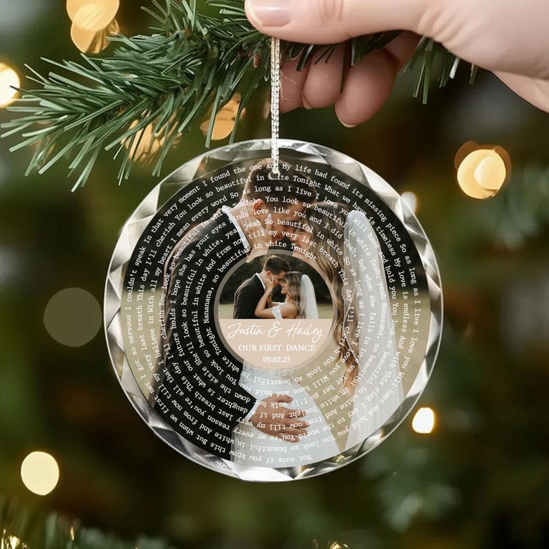 Personalized Song Lyrics Ornament, Custom Wedding Photo Glass Ornament, Couple First Christmas Married Ornament, Wedding Anniversary Gift