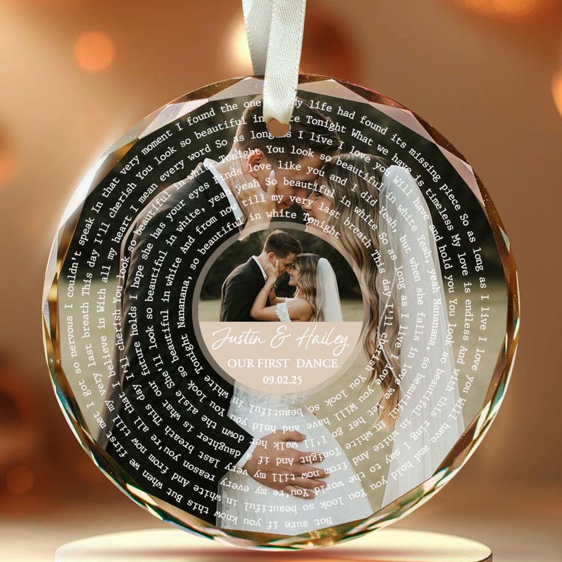 Personalized Song Lyrics Ornament, Custom Wedding Photo Glass Ornament, Couple First Christmas Married Ornament, Wedding Anniversary Gift