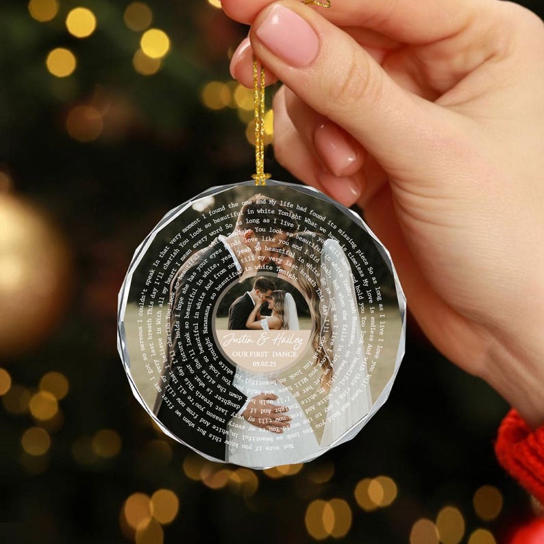 Personalized Song Lyrics Ornament, Custom Wedding Photo Glass Ornament, Couple First Christmas Married Ornament, Wedding Anniversary Gift