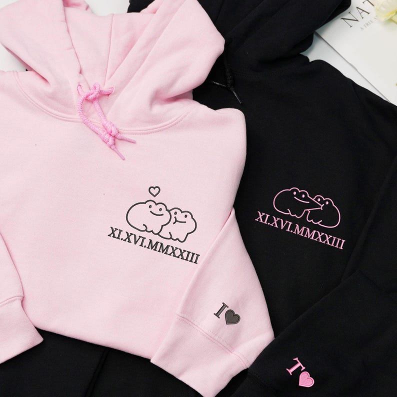 Custom Frog Couple Embroidered Hoodie with Roman Date & Initials - Matching Hoodies For Couple - 1st Anniversary Gift for Couples