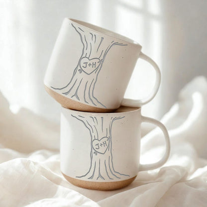 Personalised Engraved Couple Pottery Mug, Wedding Gift, Custom Carved Initials In A Heart Tree Couple Mug, Engagement Gifts, Newlywed Gift